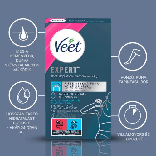 Veet Expert használatra kész hideggyanta szalagok - Bikinire és hónaljra, érzékeny bőrre 16 db