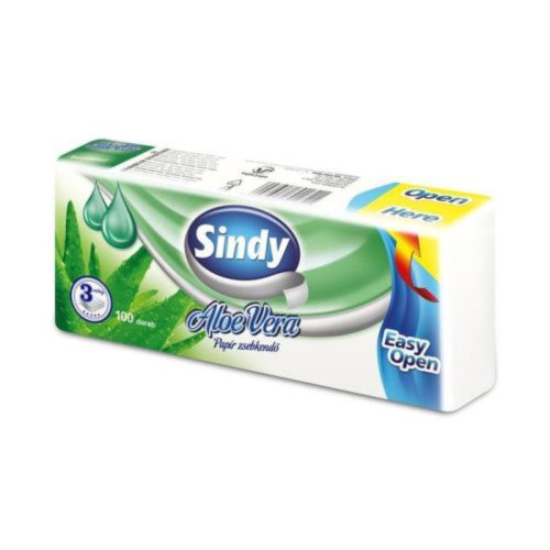 Sindy papírzsebkendő aloe vera 3r., 100db/csg, 60csg/karton, 24karton/raklap