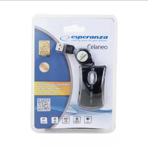 ESPERANZA CELANEO 3D VEZETÉKES OPTIKAI EGÉR USB BEHÚZHATÓ KÁBELLEL FEKETE