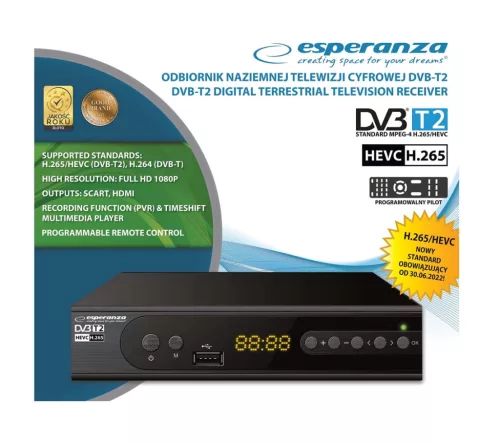 ESPERANZA DVB-T2 H.265/HEVC DIGITÁLIS FÖLDFELSZÍNI TV-VEVŐ EV106P
