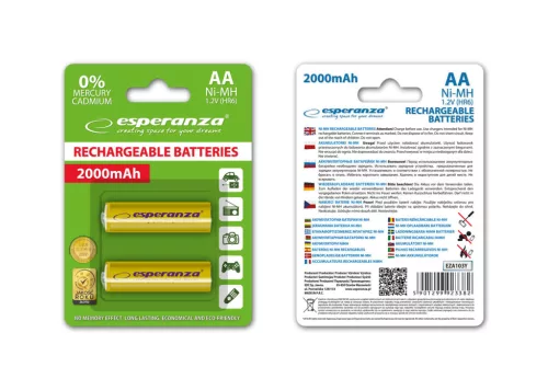 ESPERANZA RECHARGEABLE BATTERIES Ni-MH AA 2000MAH 2PCS. YELLOW