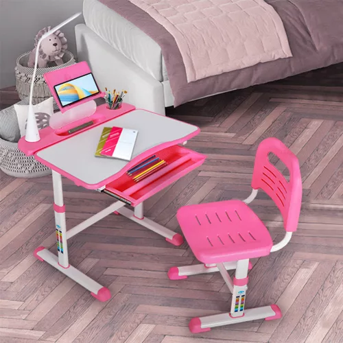 Állítható magasságú, többfunkciós, gyerek íróasztal-rózsaszín