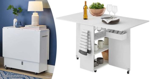 Összecsukható gurulós asztal polcokkal, kinyitható asztallappal, fehér