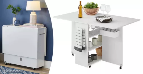 Összecsukható gurulós asztal polcokkal, kinyitható asztallappal, fehér