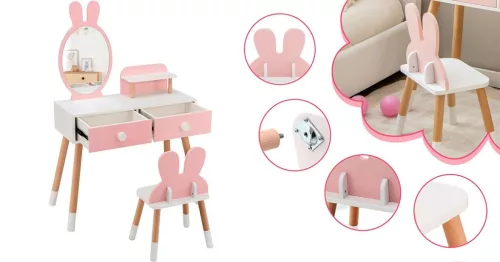 Nyuszis fésülködő asztal gyerekeknek tükörrel, székkel
