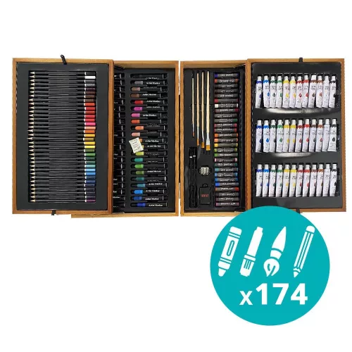 174 részes festő-és rajzkészlet praktikus, fa díszdobozban
