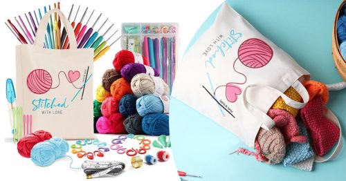 Horgoló készlet színes fonalakkal, kiegészítőkkel ajándék válltáskában