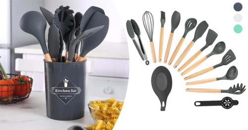 14 darabos konyhai eszközkészlet, hőálló szilikon fejjel, tartóval, türkiz