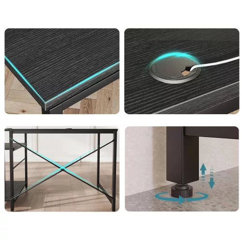 Átalakítható L alakú íróasztal polcokkal, fekete