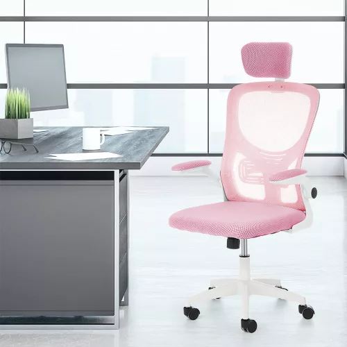 Ergonomikus irodai szék deréktámasszal, fejtámlával, rózsaszín