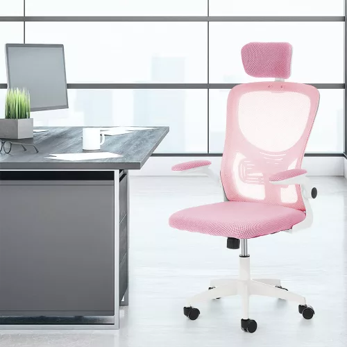 Ergonomikus irodai szék deréktámasszal, fejtámlával, rózsaszín