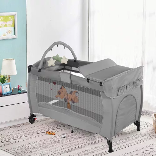 Utazóágy pelenkázó lappal és játékhíddal, szürke