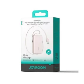   Joyroom Power Bank with Digital Display, C+U+U, PD 35W, 10000 mAh with Built-in Retractable 2x Type-C Lanyard cable (0.7m) Pink (JR-PR2L)