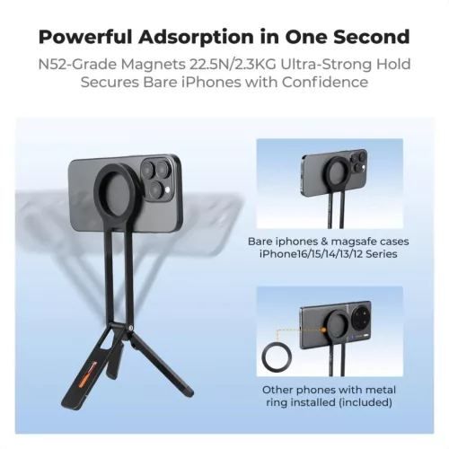 K&F Concept MS-47 összehajtható mini állvány, Magsafe kompatibilis telefonokhoz, fekete