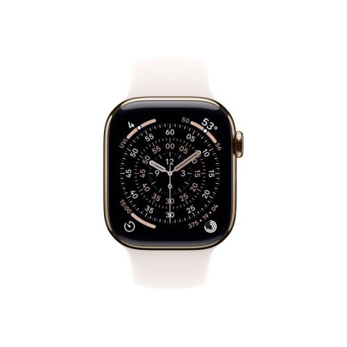 Apple Watch Series 11 GPS + Cellular – 42 mm-es Aranyszínű titántok - Lágy rózsaszín sportszíj – S/M