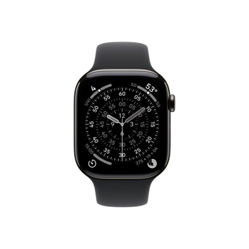 Apple Watch Series 11 GPS + Cellular – 46 mm-es Palaszürke titántok - Éjfekete sportszíj – S/M