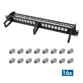  Logilink Moduláris 16 portos Cat.6A keystone panel, 3 kábelgyűrűvel, 19"-os rackbe szerelhető
