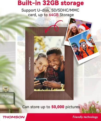 Thomson 7001P digitális képkeret 7" 1024x600, WiFi képátvitel mobilappról, érintő kijelző, barna
