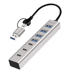   Logilink USB 3.0 hub, 7 port, 4x USB-A, 3x USB-C, 2 az 1-ben csatlakozókábel, 5 Gbit/s, ezüst