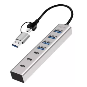  Logilink USB 3.0 hub, 7 port, 4x USB-A, 3x USB-C, 2 az 1-ben csatlakozókábel, 5 Gbit/s, ezüst